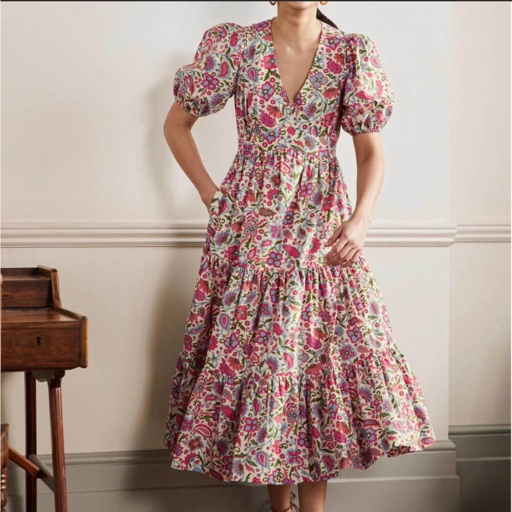 Boden Floral Midi Dress in Pink, Green and Cream